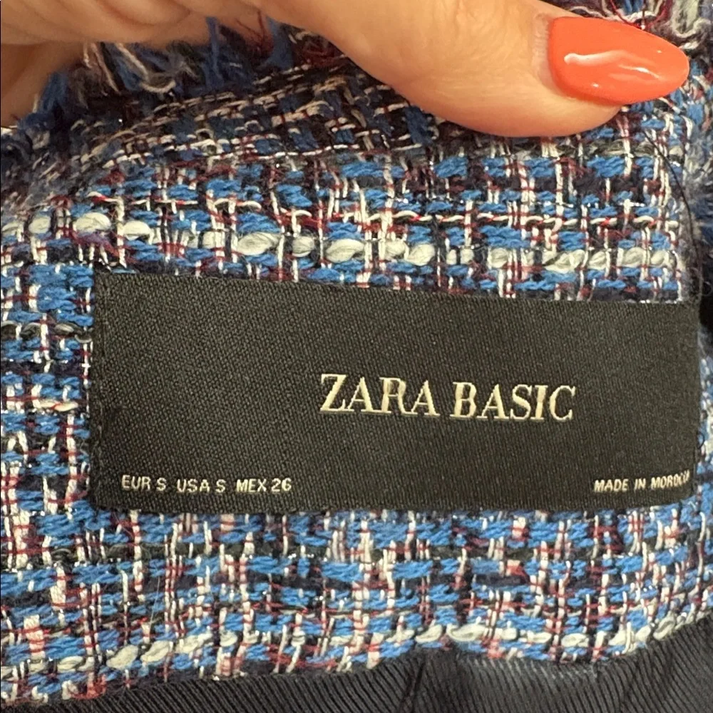 Zara Women's Blue Tweed textured Jacket blazer pearl accents hook closure S